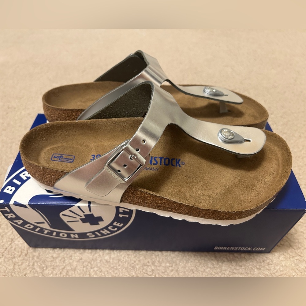 Birkenstock Gizeh Thong Sandals Leather Silver Metallic Size 39 Regular Width